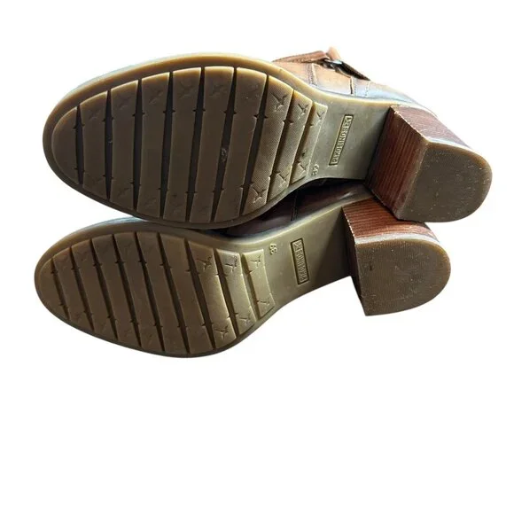 Pikolinos Leather Ankle Boots Cognac Brown Block Heel Zip Strap Detail Size 39 - Picture 10 of 12